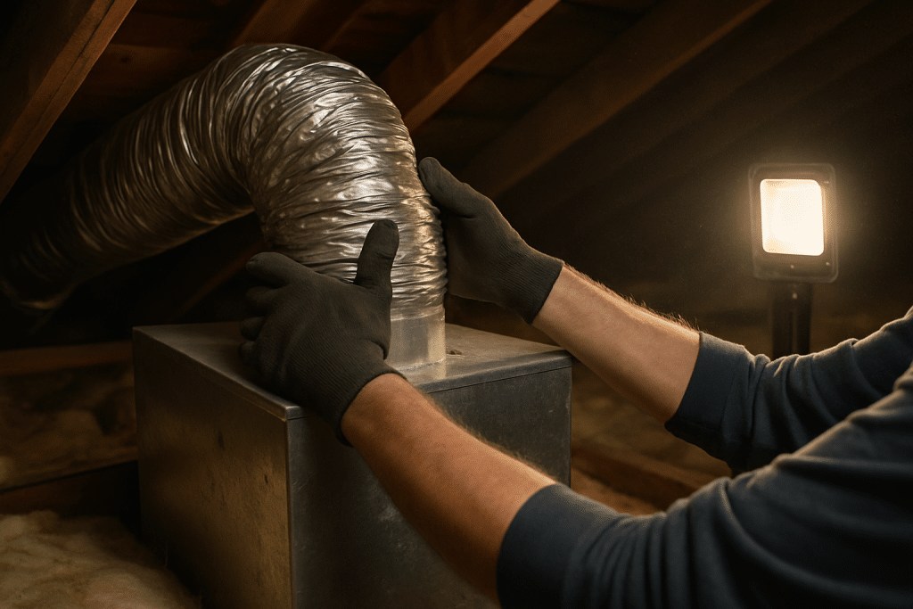 Shows the core service - duct installation inside a residential attic - without showing a face, matching the page's