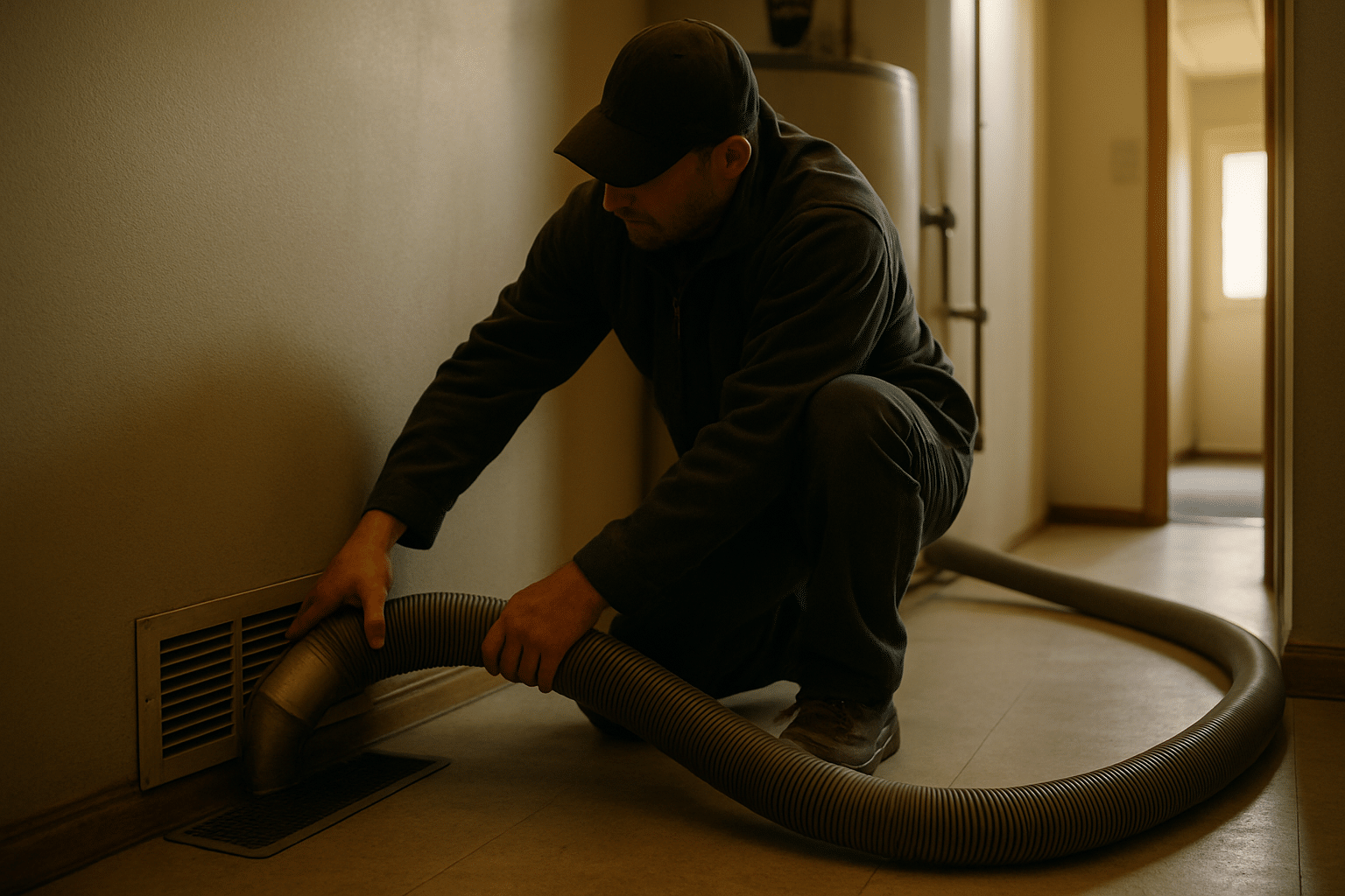 Establishes the core service visually  -  a technician actively setting up duct-cleaning equipment inside a home  -  gro