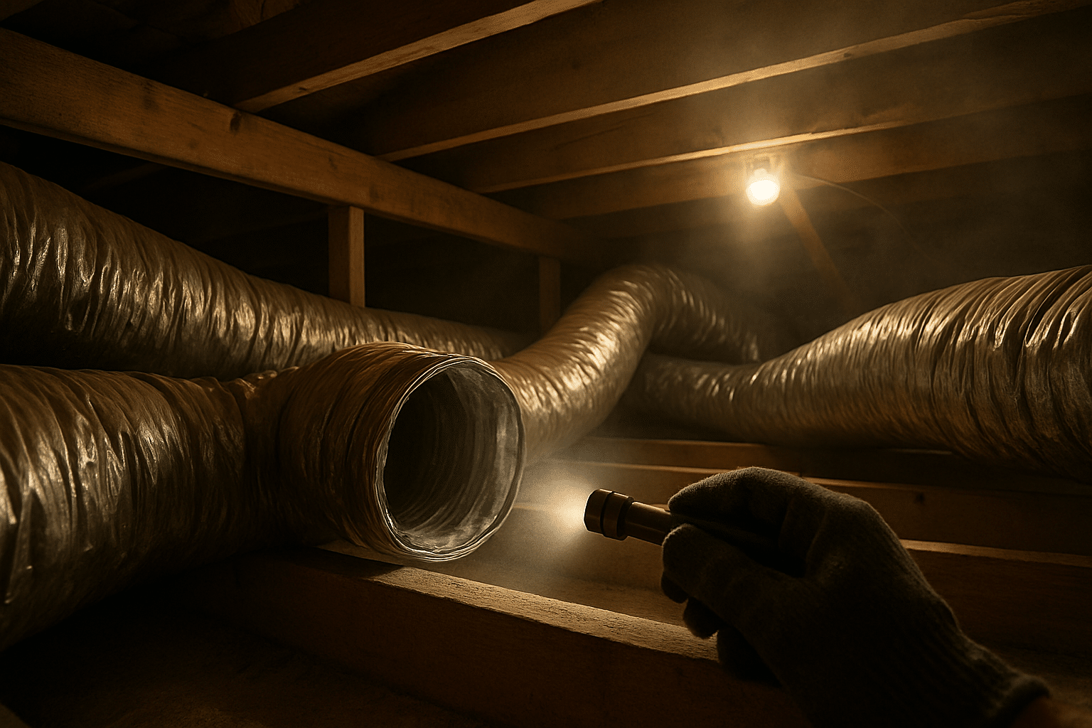 Grounds the hero section in the physical reality of Florida attic ductwork  -  flex duct, humid conditions  -  without s