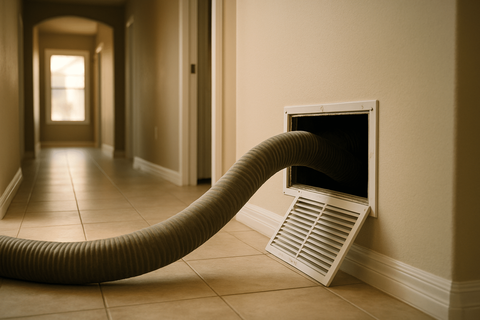 Illustrates the specific technical action  -  vacuum hose connected to a return duct  -  described in the surrounding FA