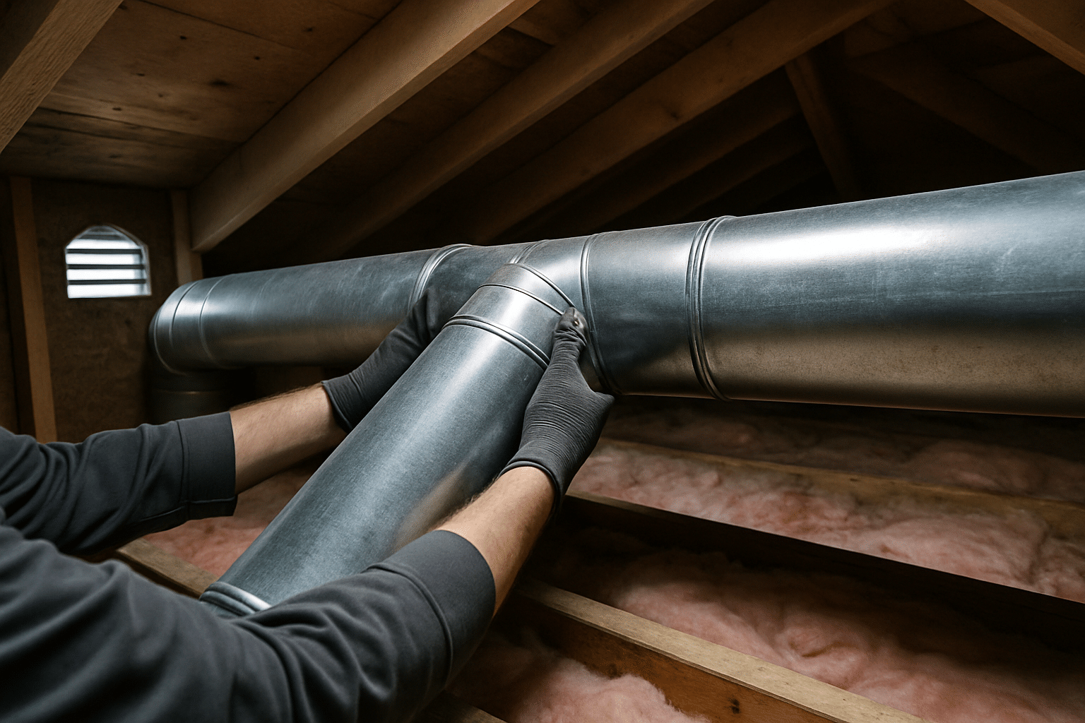 Shows active duct installation in a regional Pacific Northwest attic setting, grounding the service claim without depict