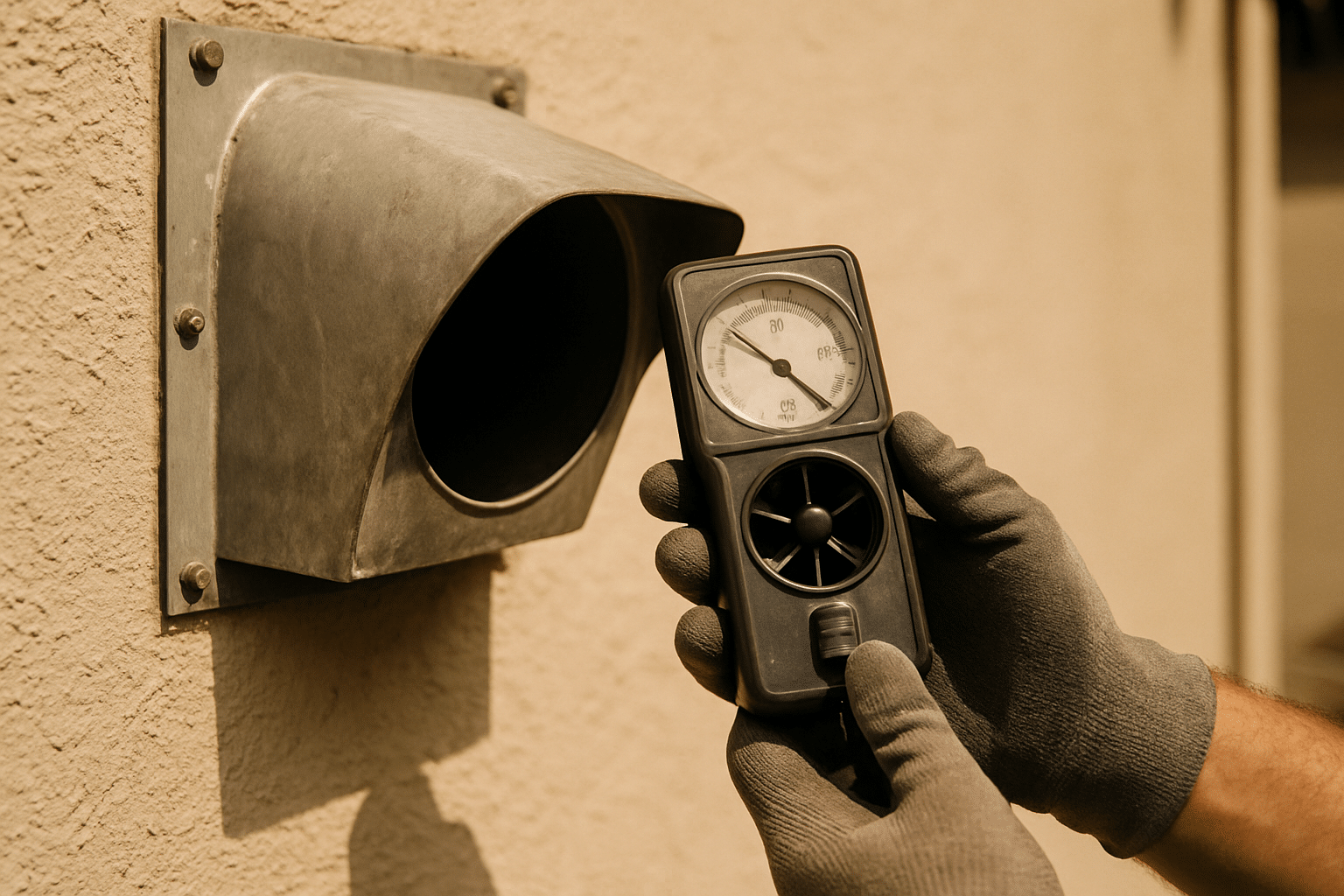 An airflow measurement at an exterior vent cap grounds the fire-risk narrative in a concrete, recognisable action withou