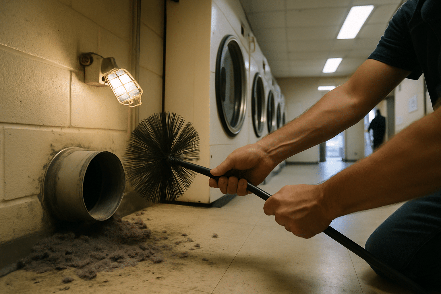 A wide interior shot of the rotary-brush cleaning step inside a commercial laundry room directly illustrates the process