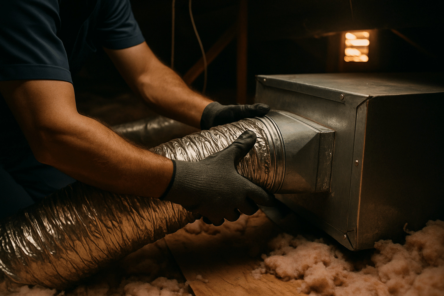 Shows the physical reality of attic ductwork installation in a Florida home without revealing any faces, grounding the h