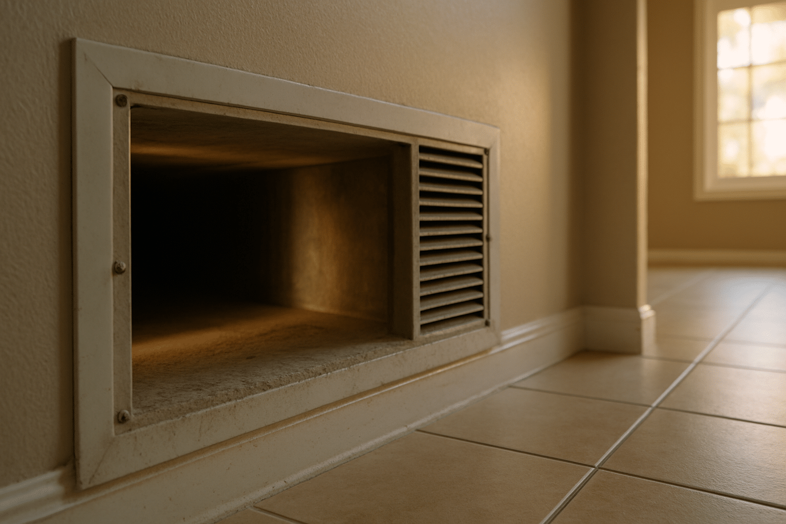 An interior duct vent shot grounds the hero section in the core service topic  -  ductwork contamination  -  while evoki