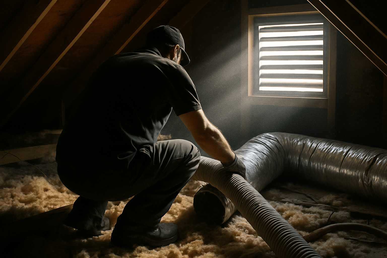 Showing a technician working hands-on with flex ductwork in a Florida-style attic reinforces the professional service me